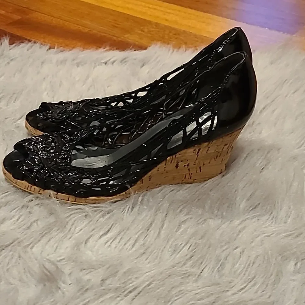 Stuart Weitzman womens‎ black cage peep toe wedges size 6 1/2 - Picture 3 of 8